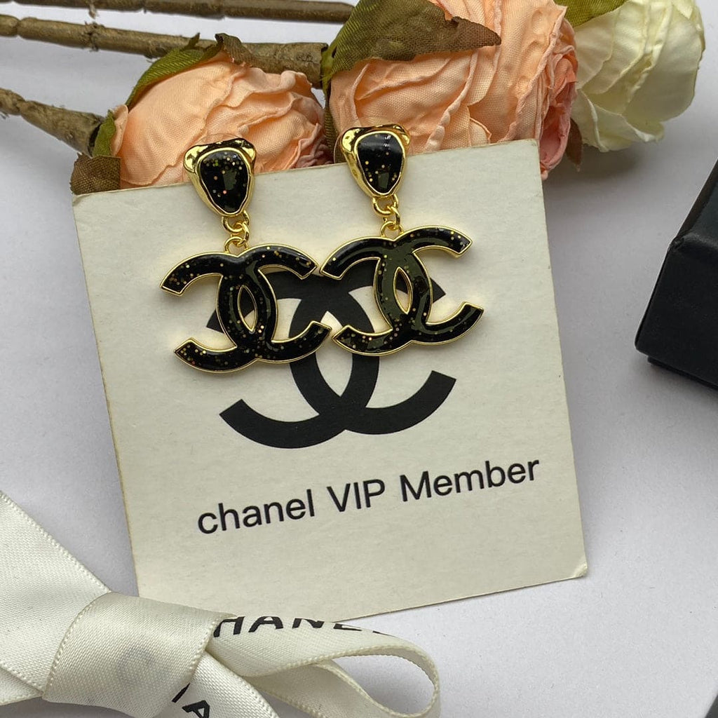 18K  Chanel Classic Black Dangle Earrings